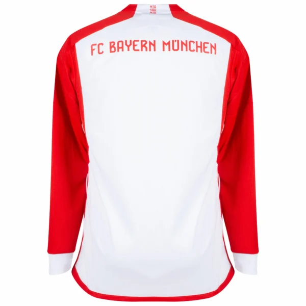 The image showcases the back of the FC Bayern Munich Long Sleeve Home Jersey 23/24, featuring FC Bayern München in red on a white section. The vibrant red sleeves and shoulders are enhanced by crisp white cuffs.