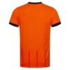 The image shows the back of the Eintracht Frankfurt Third Jersey 24/25 an orange short-sleeved sports jersey with black trim on the collar and sleeves and vertical red stripes in the lower section.