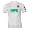 The FC Augsburg Home Jersey 24/25 is white with thin diagonal gray stripes, red accents on collar and sleeves, features the WWK Versicherungen sponsor logo in green, and Augsburg logo on the upper left.