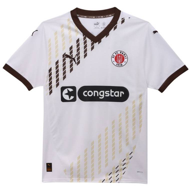 The FC St. Pauli Away Jersey 24/25 is white with brown accents, diagonal gold stripes, and a brown V-neck collar and sleeves. It has a circular red and white crest on the upper left, a congstar logo in the center, and a Puma logo on the right shoulder.