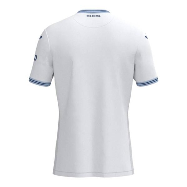 Back view of the Hoffenheim Away Jersey 24/25, showcasing a plain white design with blue trim on the sleeves. The collar features blue text "WIR. DIE TSG.", and joma logos are present on each sleeve.