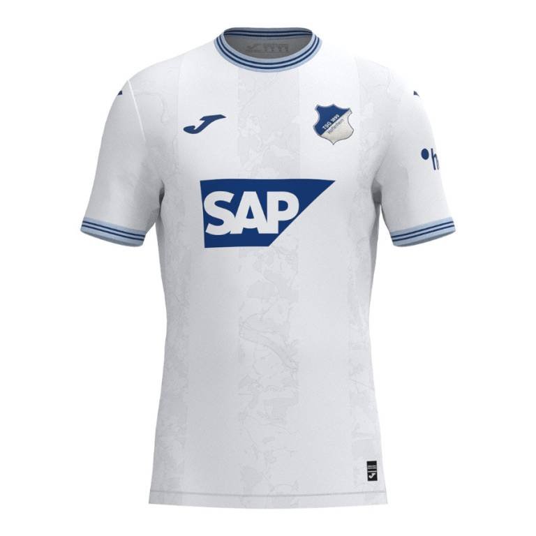 The Hoffenheim Away Jersey 24/25 boasts a sleek white design with blue accents on the collar and sleeves. It prominently displays the Hoffenheim on the right chest, Joma logo on the left, and SAP in large blue letters across the front.