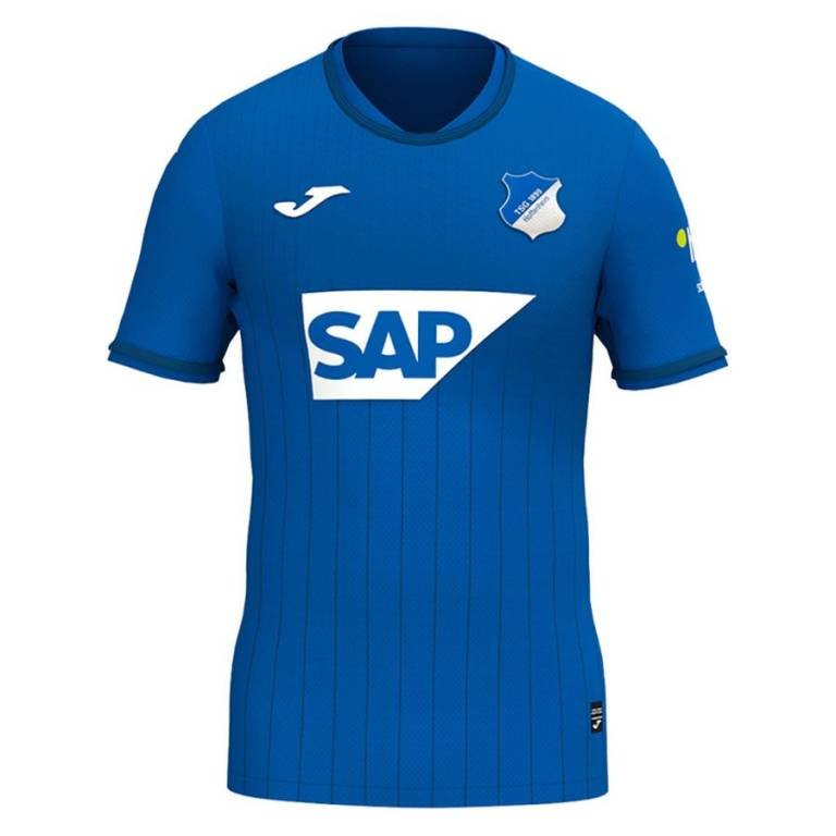 The Hoffenheim Home Jersey 24/25 is a blue soccer jersey with vertical pinstripes, featuring the SAP logo in white on the chest, the Hoffenheim logo on the upper right, and the joma logo on the upper left.