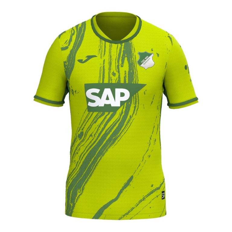 The Hoffenheim Third Jersey 24/25 features a striking lime green color with dark green brushstroke patterns, Hoffenheim logo on the right chest, Joma logo on the left, and SAP across the front.