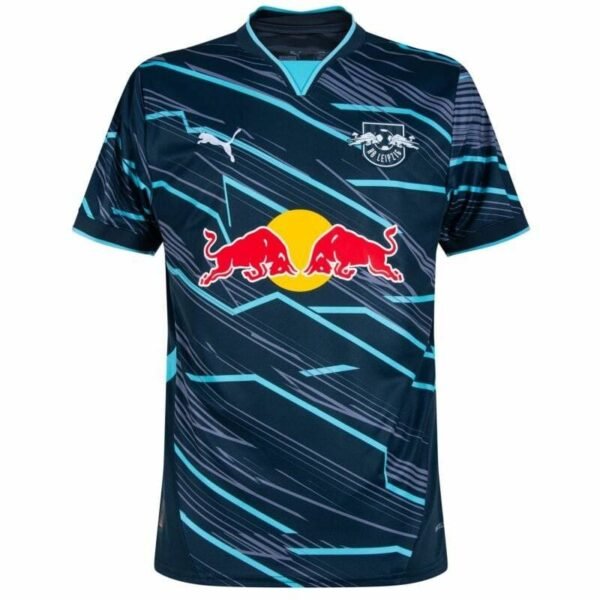 The RB Leipzig Third Jersey 24/25 is dark blue with turquoise diagonal stripes, featuring a Puma logo, club emblem, and a sponsor logo with two red bulls. It has a V-shaped collar lined in turquoise for a sleek finish.