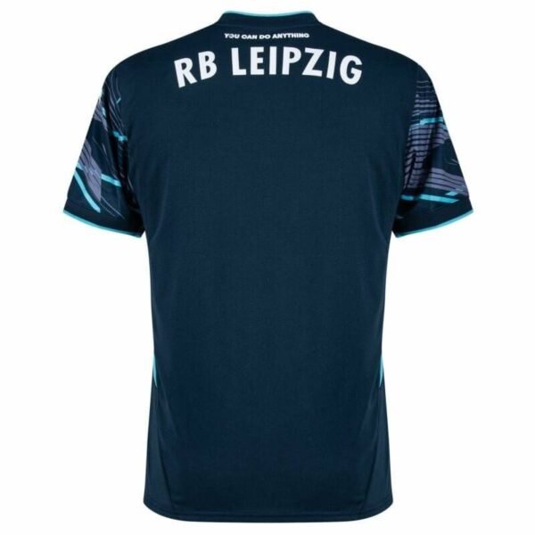 The back of the RB Leipzig Third Jersey 24/25 in dark blue features YOU CAN DO ANYTHING elegantly beneath the collar and RB LEIPZIG prominently across the shoulders. The sleeves showcase striking abstract patterns.