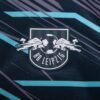 The RB Leipzig logo, set against a dark background with teal and light gray diagonal streaks inspired by the Leipzig Third Jersey 24/25, features two stylized bulls and a soccer ball with RB Leipzig displayed underneath.