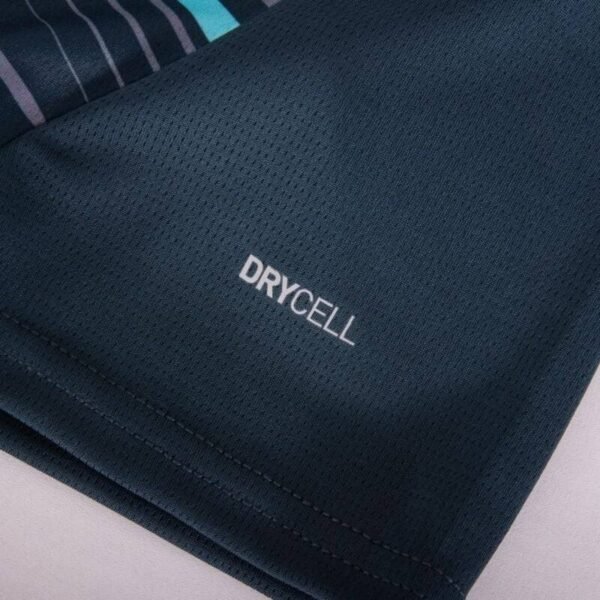 A close-up of the RB Leipzig Third Jersey 24/25 shows a dark teal fabric with DRYCELL in white, featuring a textured, breathable design accented by subtle blue and gray stripes.