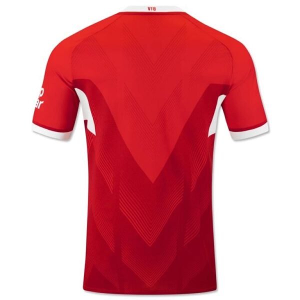 Back view of the VFB Stuttgart Away Jersey 24/25 in red with white sleeve and side accents, featuring a subtle V pattern and the VfB printed near the neckline.