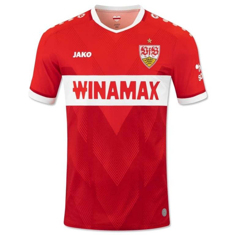 VFB Stuttgart Away Jersey 24/25 is red and white with a chevron pattern, ideal for away matches. It features the Jako logo on the right chest, VfB Stuttgart crest on the left, Winamax sponsor across the front, and additional sponsor logos on the sleeves.