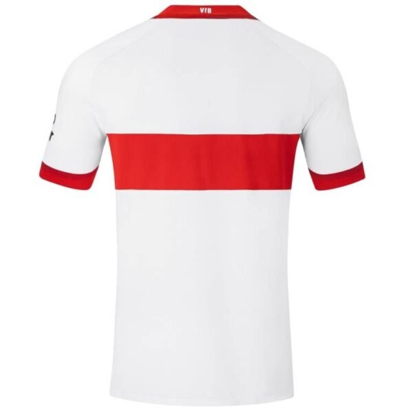 The VFB Stuttgart Home Jersey features a bold red stripe across the chest with a small VFB logo at the neckline. Red cuffs adorn the sleeves, while visible branding or player information is absent from this sleek white soccer jerseys back view.