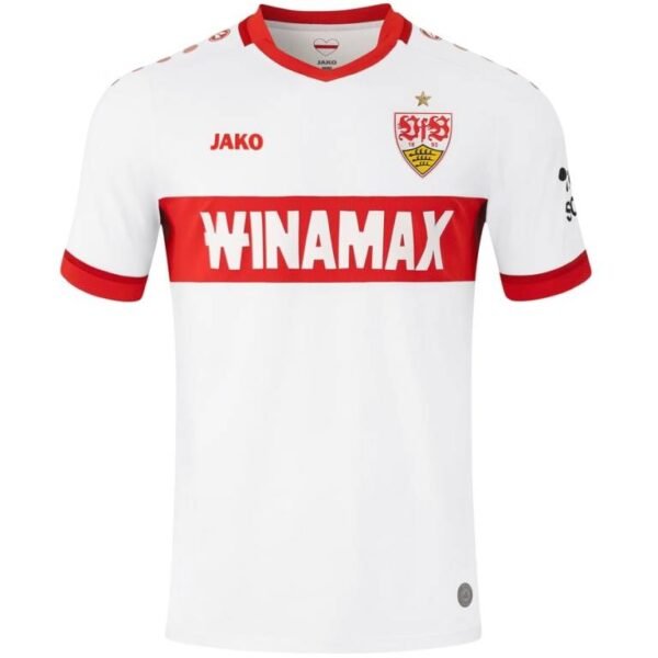 The VFB Stuttgart Home Jersey 24/25 features WINAMAX on the chest, Stuttgart logo on the upper left, and JAKO on the upper right. With red accents, plus a red collar and sleeve trims, it’s a striking choice for fans.