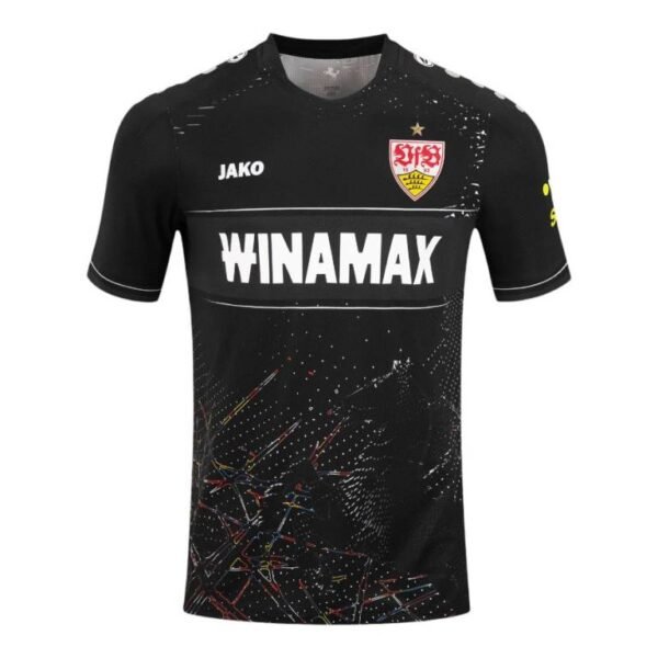 Black VFB Stuttgart Third Jersey 24/25 featuring WINAMAX in white on the chest, Stuttgart crest on the left, JAKO on the right, and a subtle colorful pattern at the bottom.