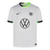 VFL Wolfsburg Third Jersey 24/25, A white soccer jersey featuring black and neon green accents, a black Nike logo on the right chest, a circular team logo on the left, and a bold Volkswagen emblem at the center.