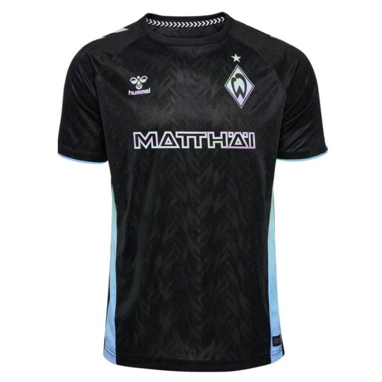 The Werder Bremen Third Jersey 24/25 is a black soccer jersey with subtle geometric patterns, light blue side accents, a Hummel logo on the chest, and a stylized Werder Bremen logo. MATTHÄI is printed on the front.