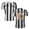 Santos Away Jersey 24/25 with Neymar Printing displays front and back views in black and white stripes, featuring the Umbro logo, club crest, NEYMAR JR, and the number 10 boldly on the back, embodying a classic Neymar soccer jersey.