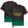 Front and back view of the AC Milan x OFF White Black Jersey 24/25 - Fan Edition shows black and green colors with red accents. It features the Puma logo, Emirates Fly Better sponsor, faint patterns, and additional logos and lettering on the sleeves.