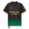 The AC Milan x OFF White Black Jersey 24/25 - Fan Edition features a black and green geometric design with red accents, Puma and Emirates logos, DIAVOLI in red on the chest, and gold star and moon details on the left sleeve.